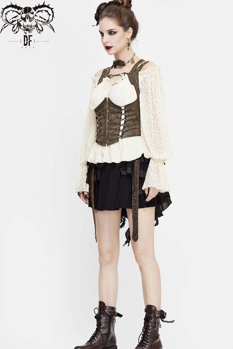 Brown Lace Up Chest Hollow Steel Buckle Rivet Strap Women's Punk Waistcoat - Product - 5