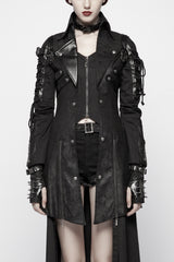 Black Metal Buckle Decoration Zipper Womens Steampunk Windbreaker Coat - Black - 1