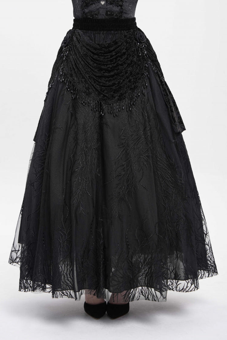 Black Floral Embroidered Beaded Women's Gothic Long Skirt - Product - 2