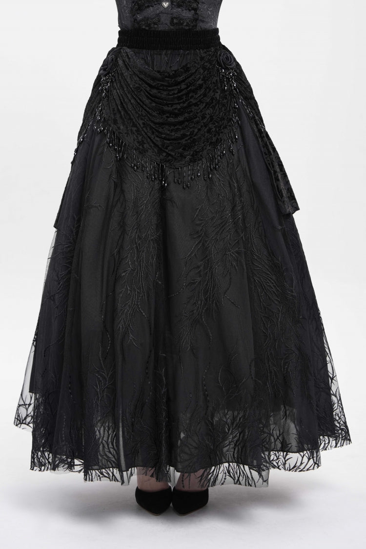 Black Floral Embroidered Beaded Women's Gothic Long Skirt - Product - 2