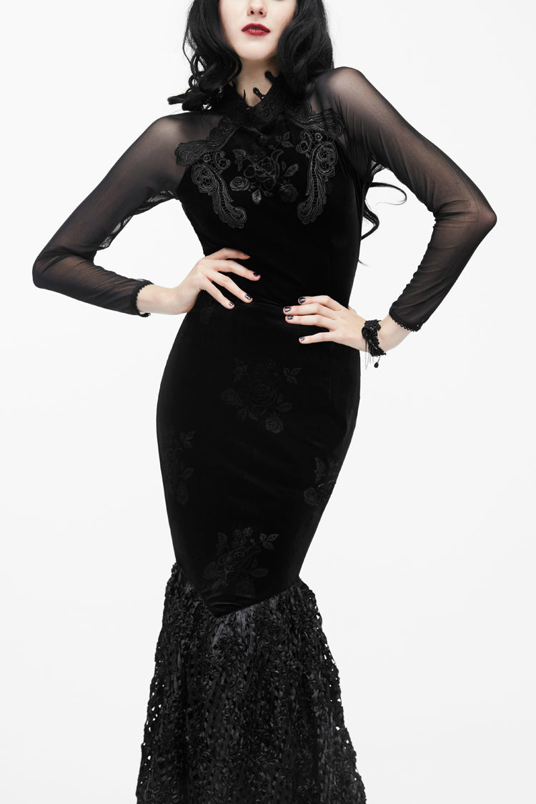 Black High Collar Front Chest Rose Decals Mesh Long Sleeve Rose Embossed Velvet Women's Gothic T-Shirt - Black - 1