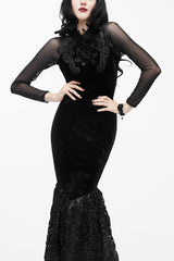 Black High Collar Front Chest Rose Decals Mesh Long Sleeve Rose Embossed Velvet Women's Gothic T-Shirt - Black - 1