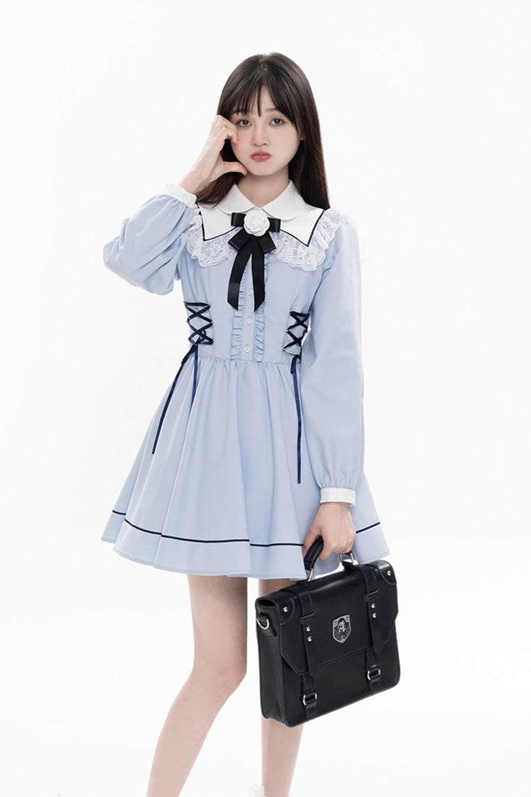 Blue Lapel Collar Long Sleeves Bowknot Lace-Up Jirai Kei Dress - Blue - 1