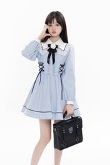 Blue Lapel Collar Long Sleeves Bowknot Lace-Up Jirai Kei Dress - Blue - 1