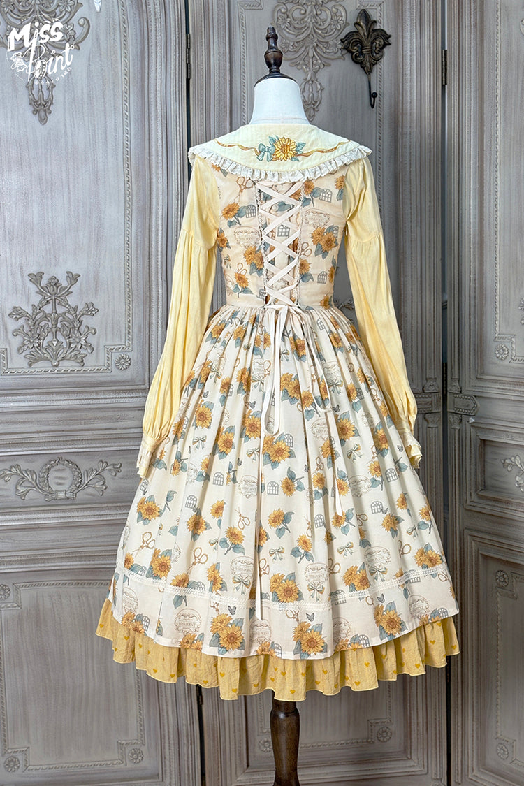 Apricot [Gardening Sunflower] Sleeveless Print Ruffle Bowknot Sweet Elegant Uplift Lolita Jsk Dress - Product - 10