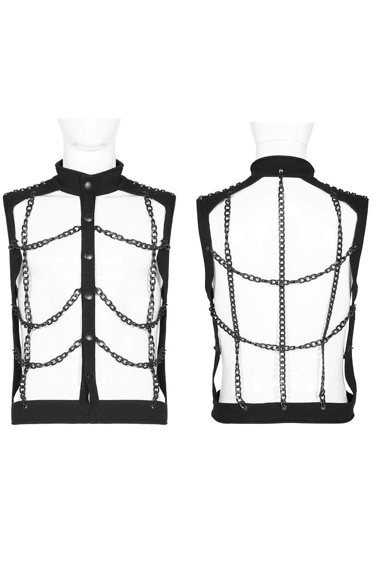 Black Stand Collar Single-breasted Metal Rivet Chain Decoration Hollow Mens Steampunk Vest - Product - 5