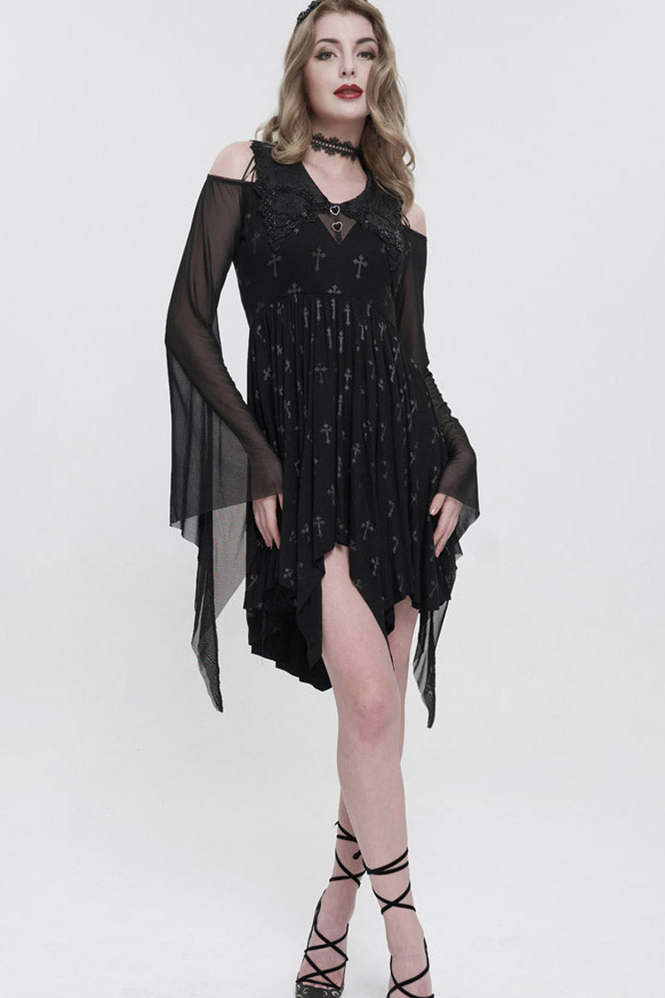 Black Sleeves Cross Print Embroidered And Beaded Neckline Stretch-Mesh Flared Women's Gothic Dress - Product - 5