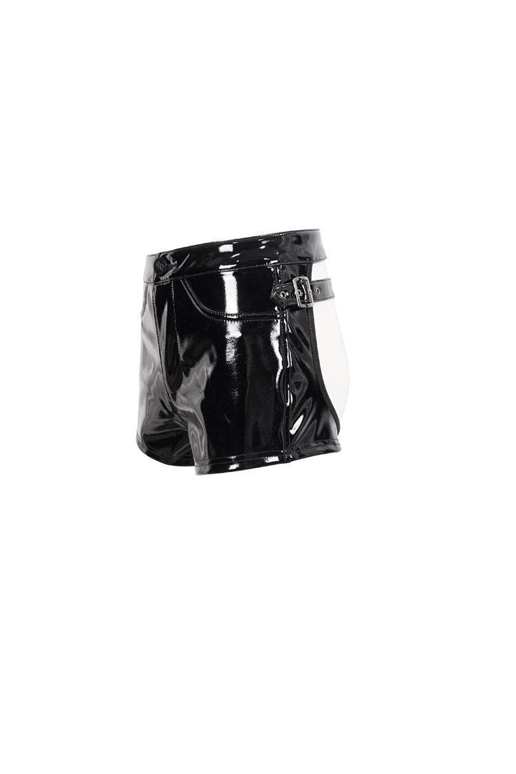Black Sexy Stretch Patent Leather Detachable Gusseted Women's Punk Shorts - Product - 8