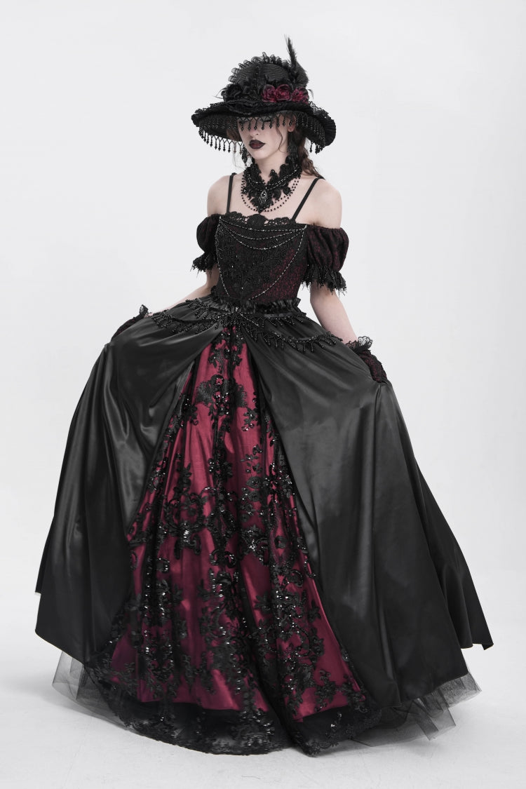 Black/Red Off Shoulder Embroidery Stitching Lace Women's Gothic Dress - Product - 5