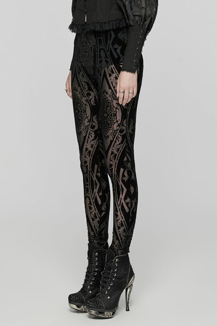 Black Floral Embroidery Mesh Women's Gothic Leggings - Product - 2