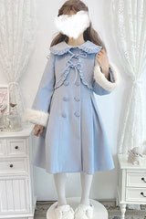 Blue Double Breasted Bowknot Plush Long Sleeves Fake Two-Piece Woolen Lolita Coat - Product - 4