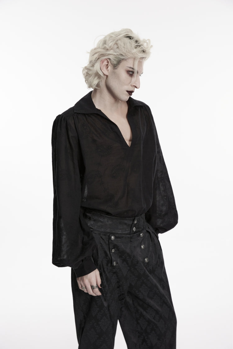 Black Lapel Collar Long Lantern Sleeves Printed Embroidered Men's Gothic Shirt - Product - 7