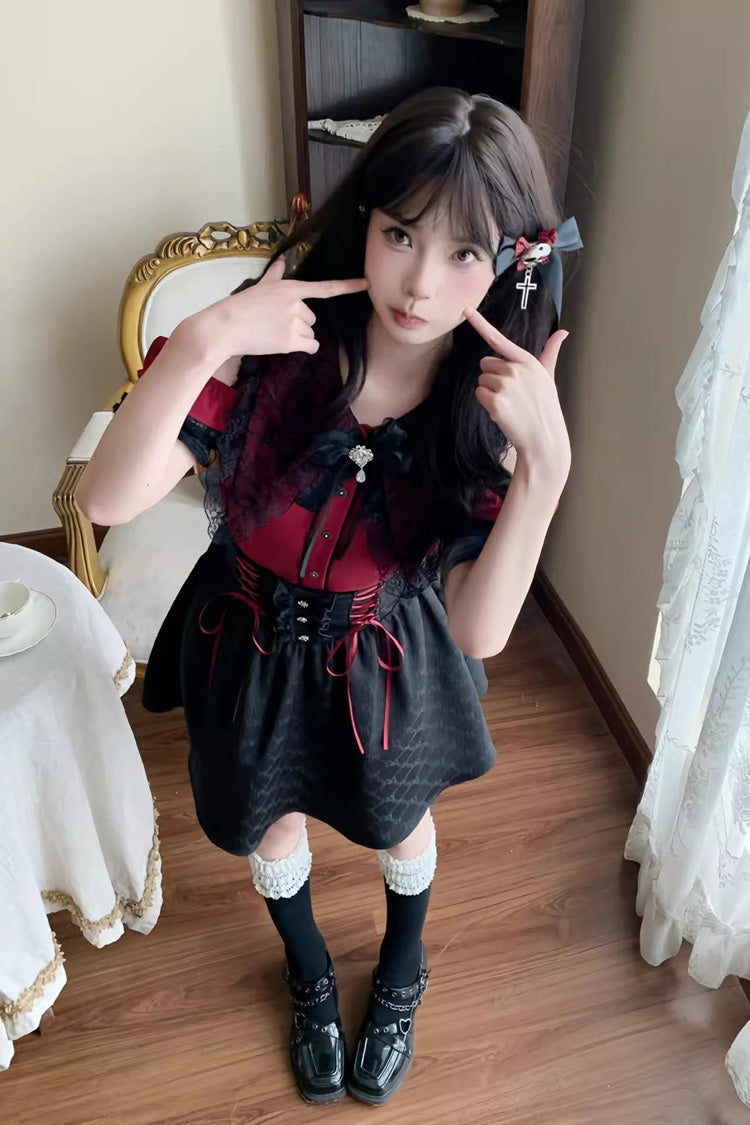 Black/Red [Overture to the Dead] Off Shoulder Short Sleeves Ruffle Bowknot Lace-Up Gothic Jirai Kei Japanese Skirt Set - Product - 5
