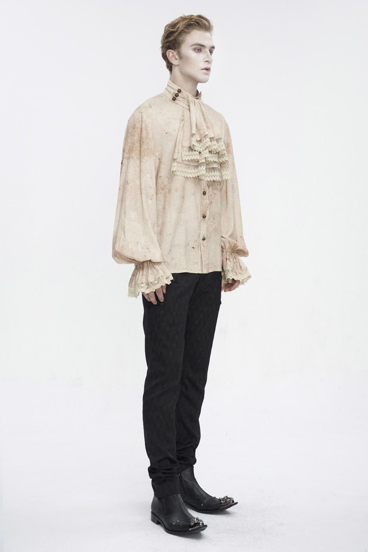 Apricot Stand Collar Puff Sleeved Men's Gothic Shirt With Necktie - Product - 5