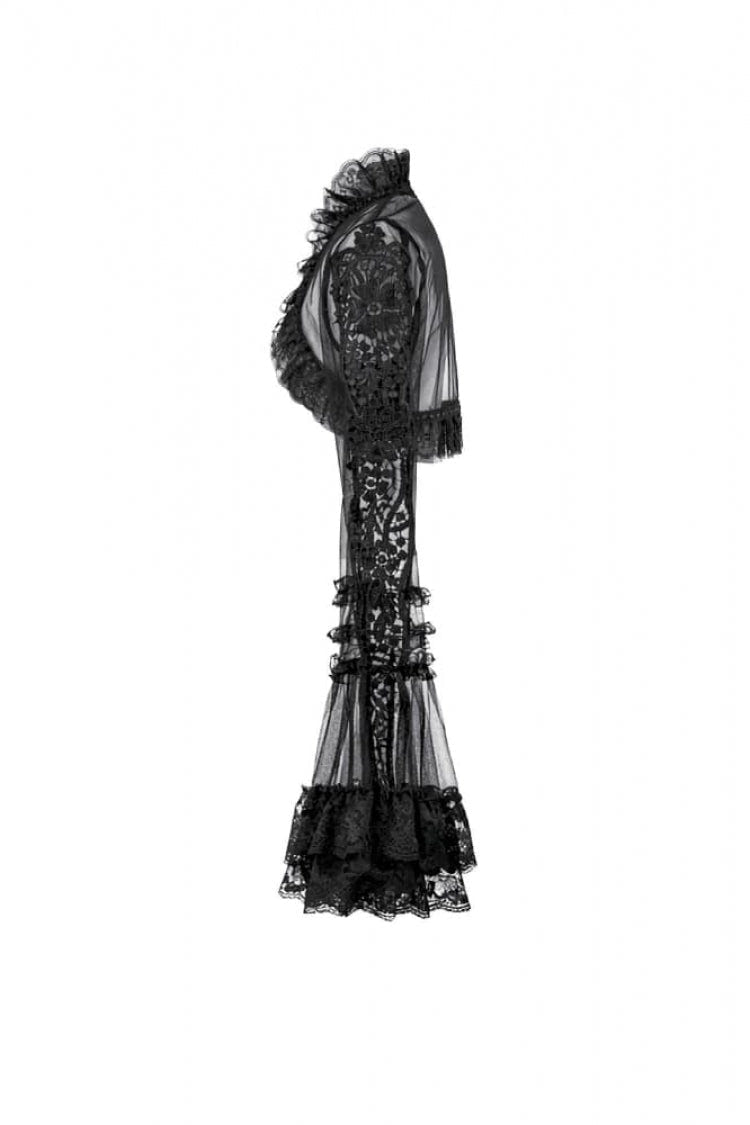Black Lace Ruffled High Collar Long Flare Sleeves Sheer Mesh Women's Gothic Cape - Product - 13