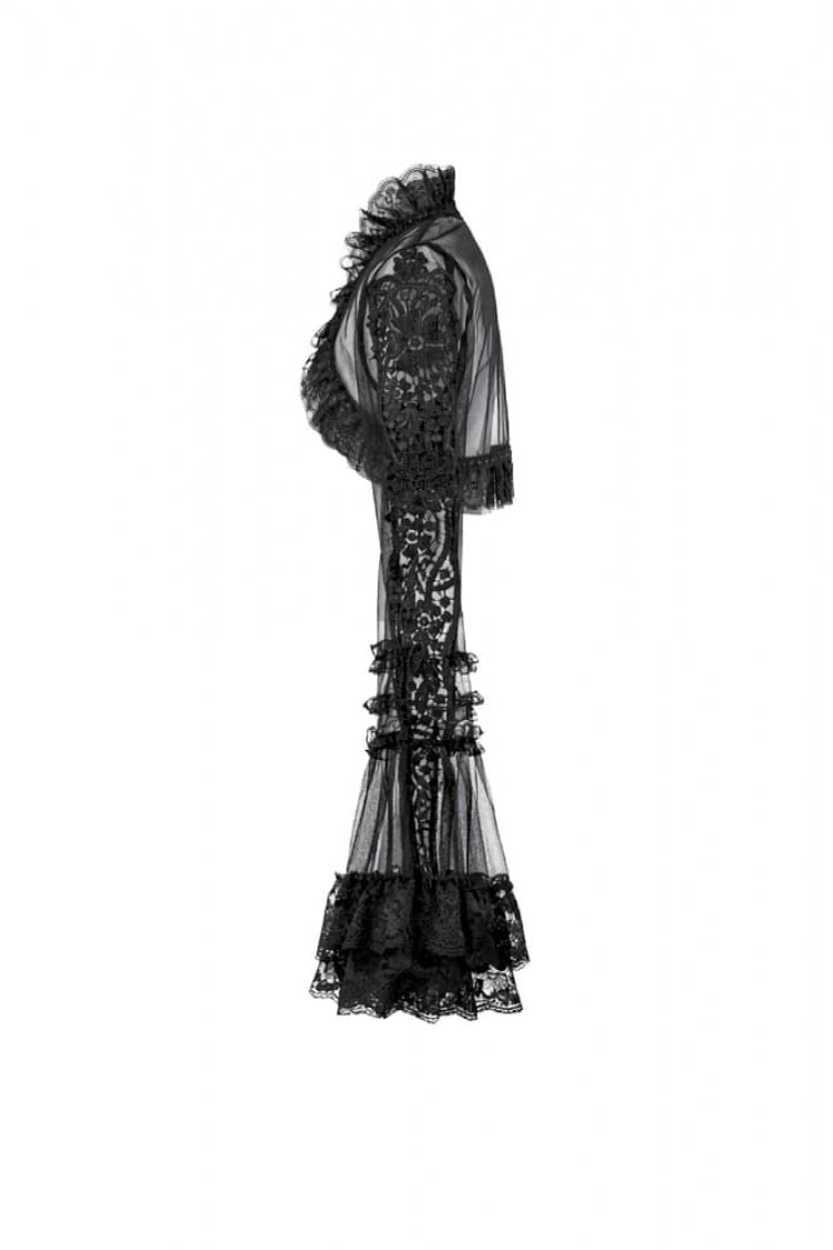 Black Lace Ruffled High Collar Long Flare Sleeves Sheer Mesh Women's Gothic Cape - Product - 13