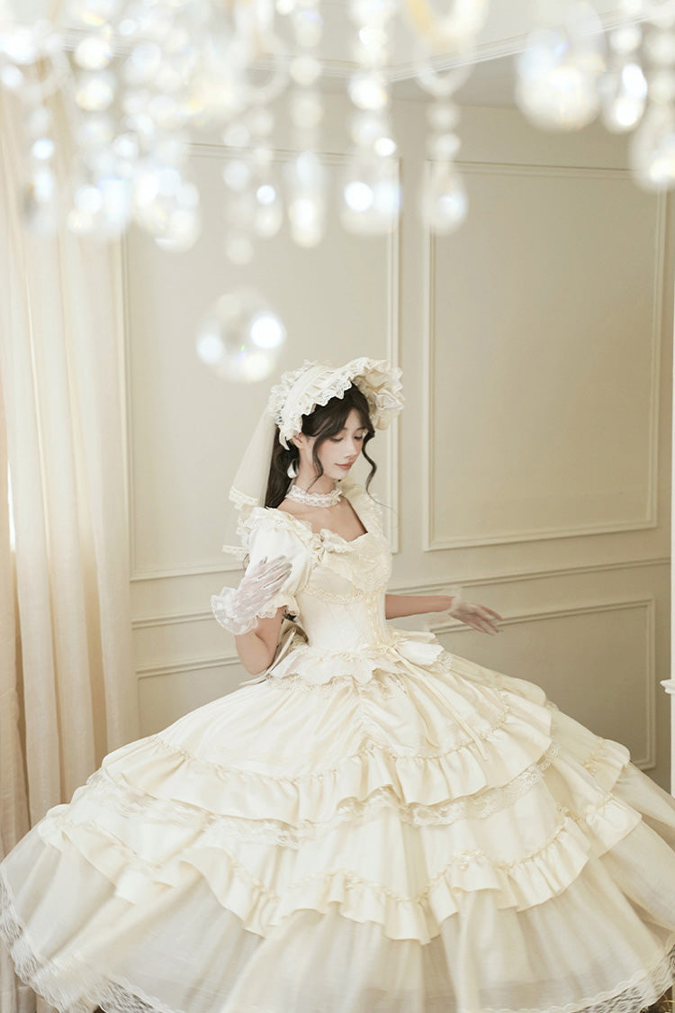 White [Letters and Poems] Square Collar Short Sleeves Ruffle Hanayome Bowknot Sweet Elegant Gorgeous Lolita Dress - Product - 12