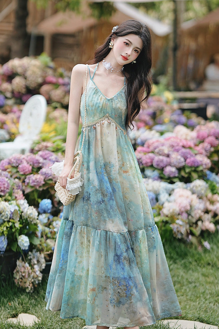 Blue/Green V Collar Sleeveless Ombre French Oil Painting Printed Ruffled Sweet Lolita Jsk Dress - Product - 3