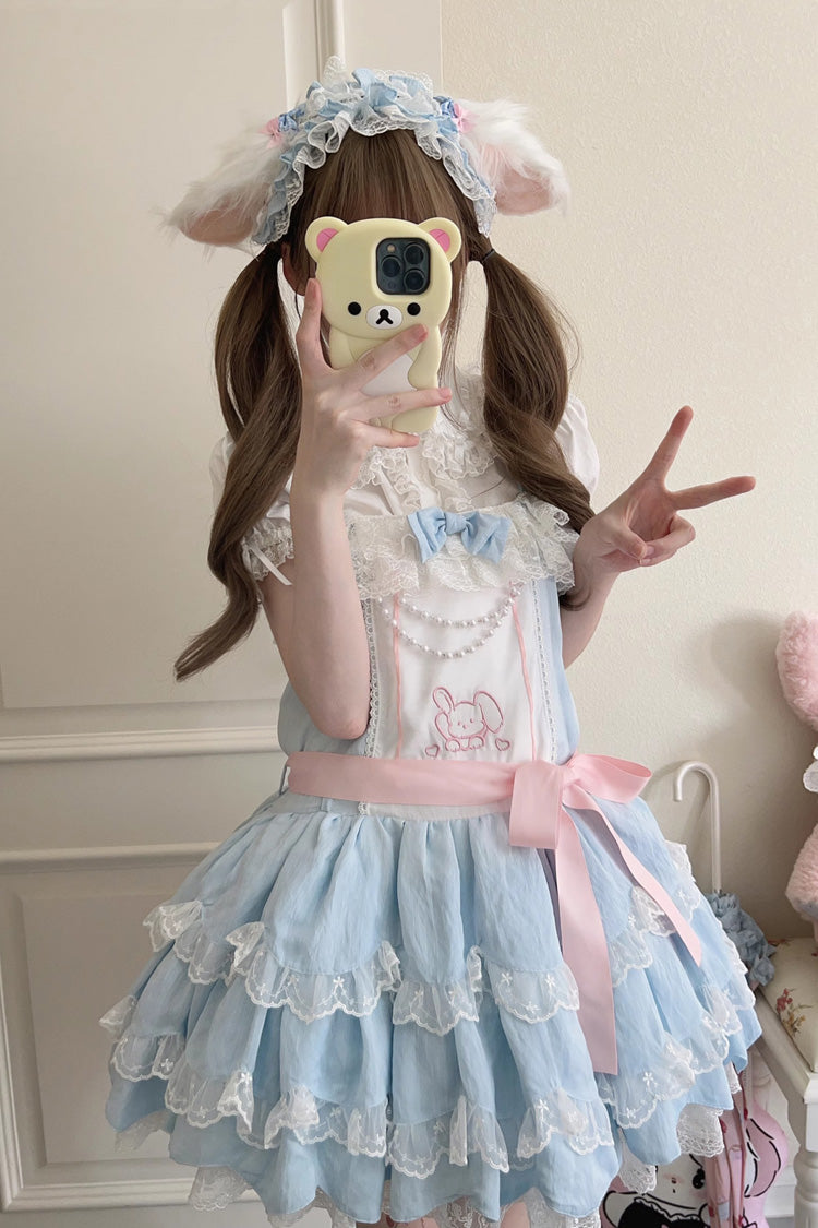 Blau, ärmellos, doppellagig, mit Rüschen, Kaninchen-Stickerei, Schleife, Spitze, süß (Kleid einzeln), Detailansicht 3