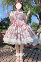 Pink Plush Bear and Doll Print Ruffle Bowknot Lace Sweet Lolita Jsk Dress - Product - 2