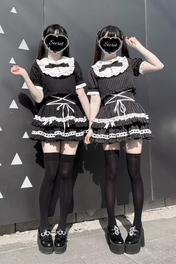 Black [Starry Tulle] Doll Collar Short Sleeves Double-Layered Ruffled Bow Gothic Jirai Kei Japanese Skirt Set - Product - 8
