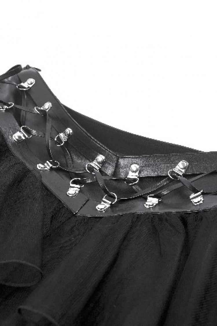 Black Multi-Layered Lace Mesh Women's Punk Short Skirt with D-Ring Ties Waist - Product - 13