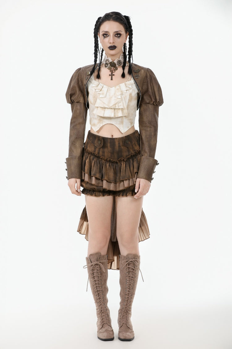 Brown Long Puff Sleeves Zippered Metal-Accented Women's Steampunk Vintage Wrap - Product - 8