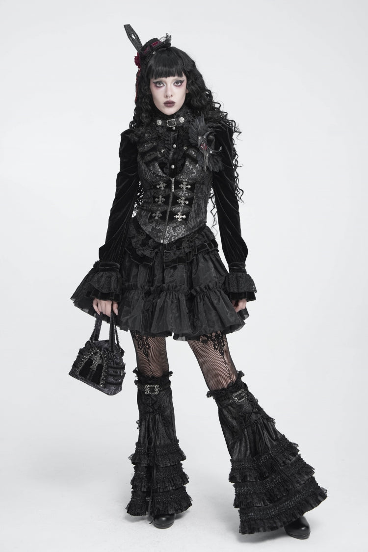Black Multi-Layered Lace Lace-Up Buckled Pleated Women's Gothic Luxurious Royal  Leg Warmers - Product - 9