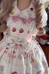 [Little Mouse Strawberry Cake] Sleeveless Printed Ruffled Bow Lace Sweet Lolita Jsk Dress 3 Colors - Product - 11
