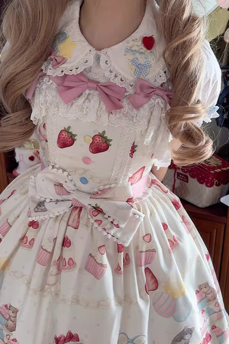[Little Mouse Strawberry Cake] Sleeveless Printed Ruffled Bow Lace Sweet Lolita Jsk Dress 3 Colors - Product - 11