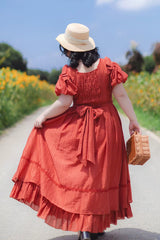 Red [Forest Gallery] Square Collar Short Sleeves Ruffled Bow Classic Vintage Elegant Lolita Dress - Product - 4