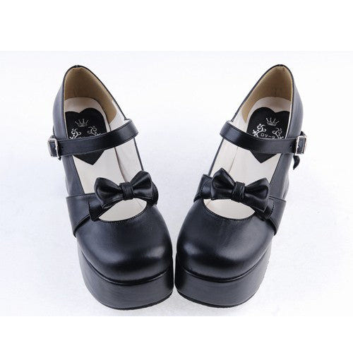 Black Round Toe Strap Bow Platform Classic Lolita Shoes - Product - 3