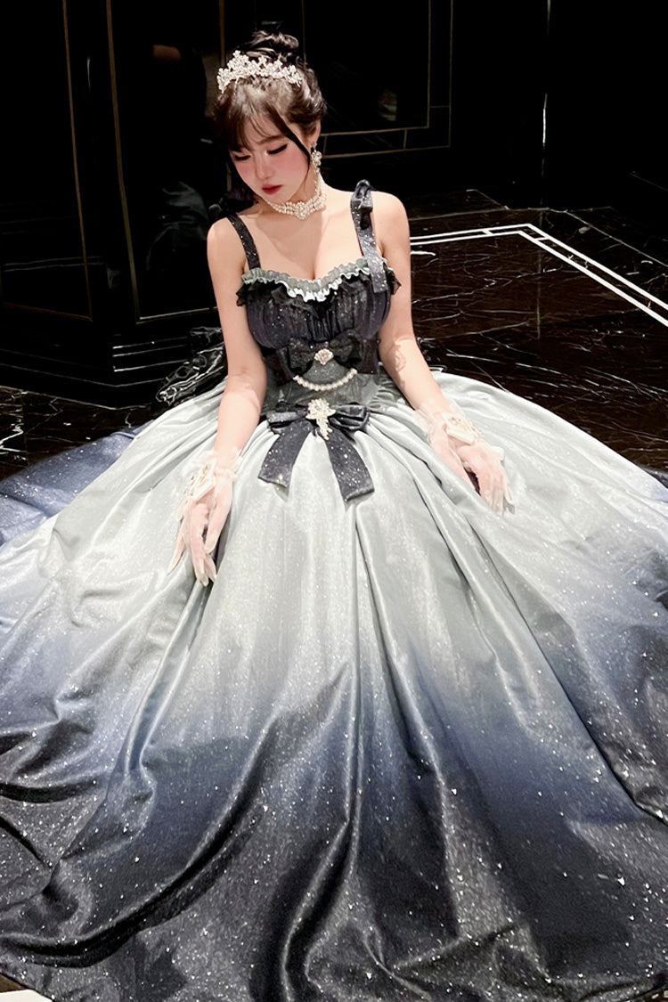 Blue [Fantasy Sea Star River] Sleeveless Print Ruffle Hot Stamping Bowknot Lace Sweet Gorgeous Lolita Jsk Dress - Product - 5