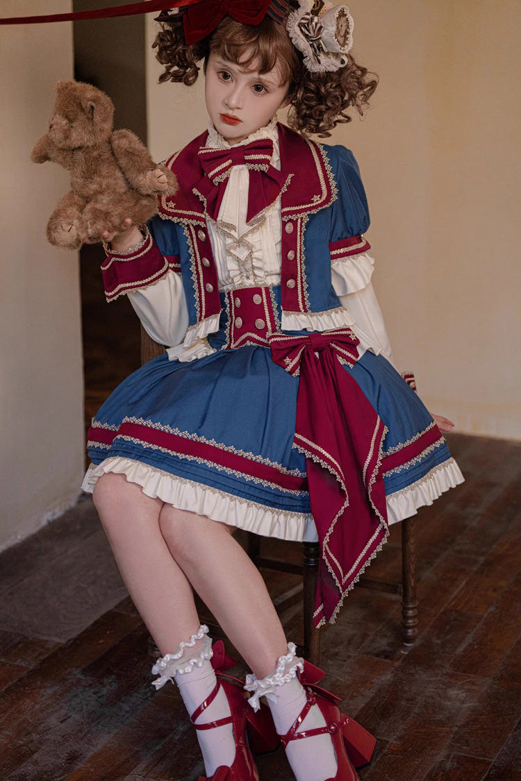 Red/White/Blue Star Idol Round Collar Ruffle Bowknot Sweet Princess Lolita Skirt Full Set - Product - 9