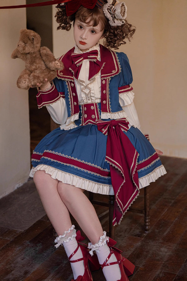 Red/White/Blue Star Idol Round Collar Ruffle Bowknot Sweet Princess Lolita Skirt Full Set - Product - 9
