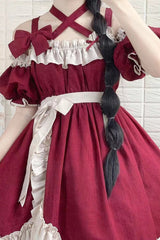 Red [Monet Estate] Sleeveless High Waisted Ruffle Bowknot Asymmetric Gothic Lolita Jsk Dress - Product - 11