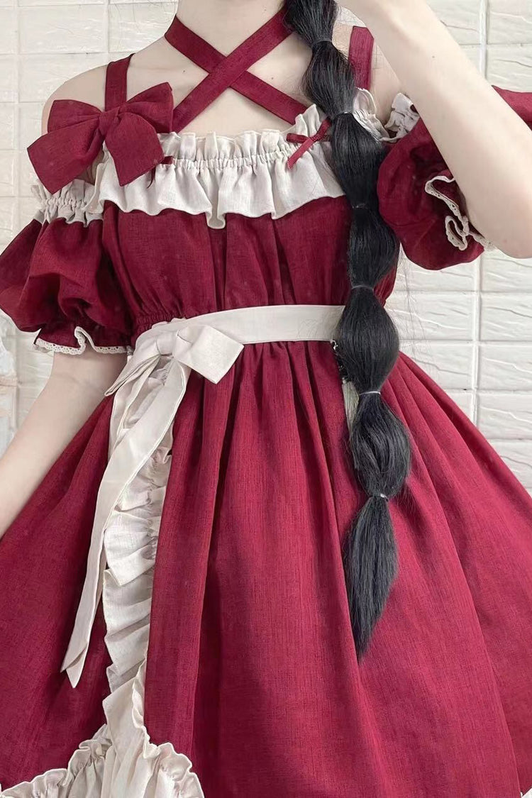 Red [Monet Estate] Sleeveless High Waisted Ruffle Bowknot Asymmetric Gothic Lolita Jsk Dress - Product - 11