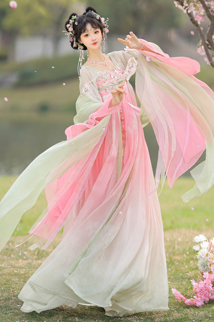 Pink/Green [Spring Awakening] High Waisted Embroidered Women's Sweet Hanfu Dress Set - Pink/Green - 1