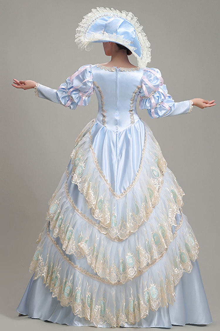 Light Blue Long Sleeves Multi-Layer Lace Stitching High Waisted Hollow Embroidery Floral Print Victorian Lolita Prom Dress - Product - 4