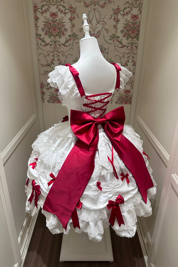 White/Red [Silk Satin Gift Box] Square Collar Sleeveless Multi-Layered Ruffled Bow Lace Sweet Lolita Jsk Dress - Product - 3