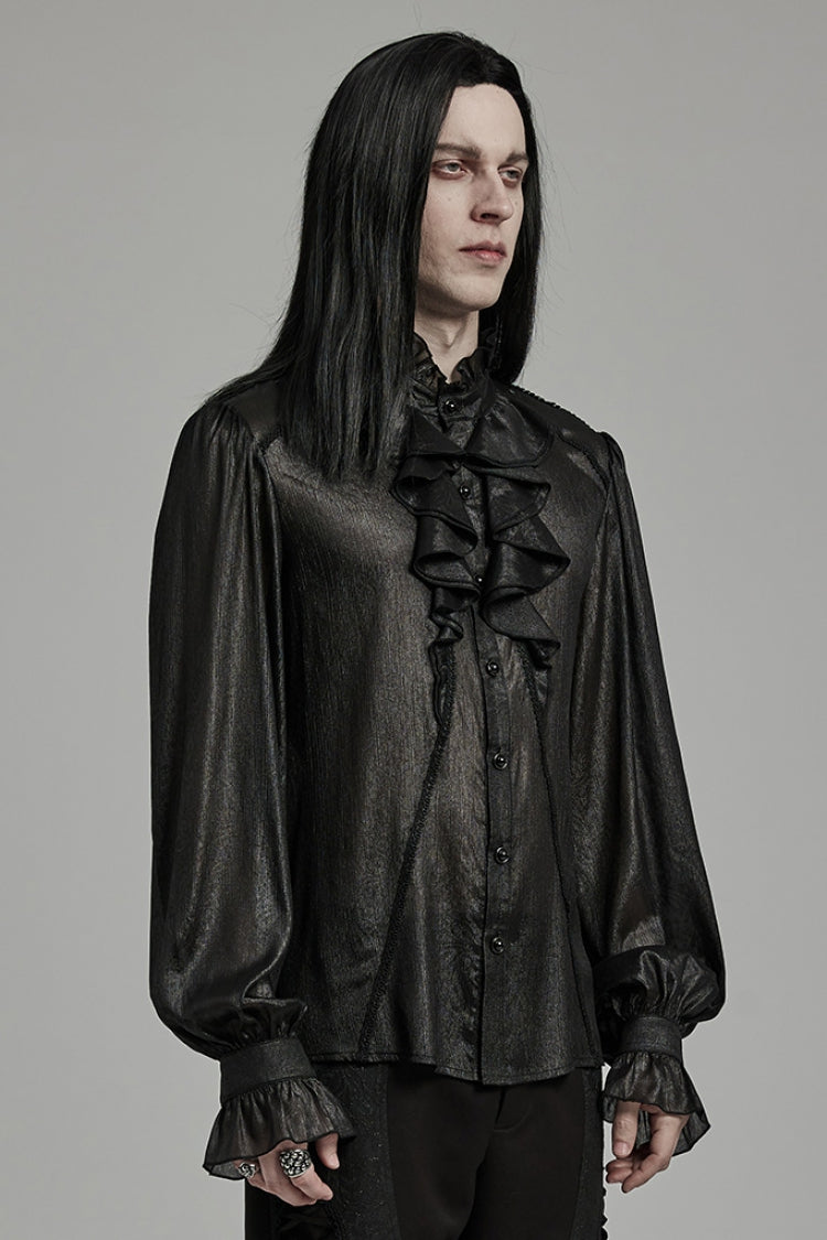 Black Stand Collar Jacquard Ruffle Men's Gothic Blouse - Product - 2