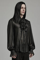 Black Stand Collar Jacquard Ruffle Men's Gothic Blouse - Product - 2