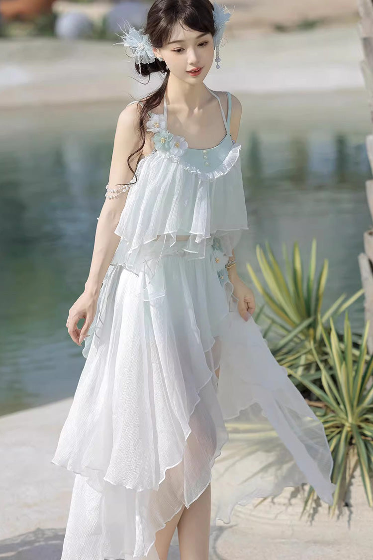 White Sleeveless Summer Beach Women's Lace Sweet Lolita Three-Piece Swimsuit Set - Product - 4