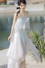 White Sleeveless Summer Beach Women's Lace Sweet Lolita Three-Piece Swimsuit Set - Product - 4