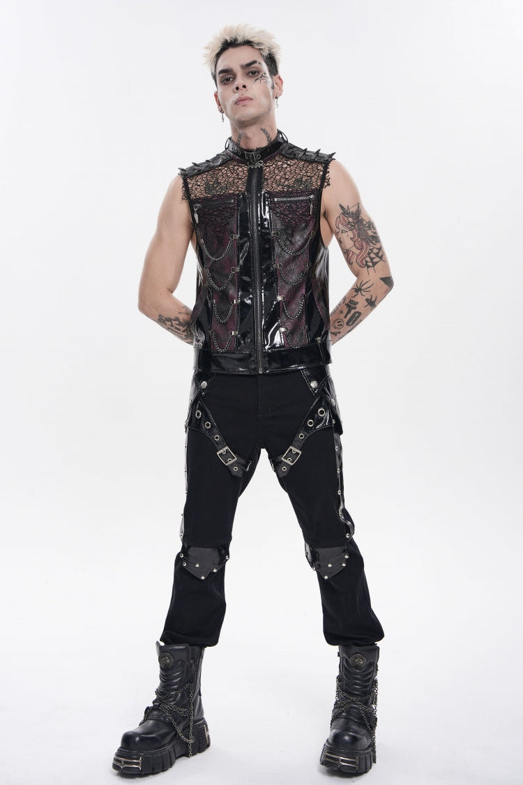 Black Stand Collar Sleeveless Spliced Mesh Studded Zippered Chain-Decorated Eyelet Men's Punk Vest - Product - 9