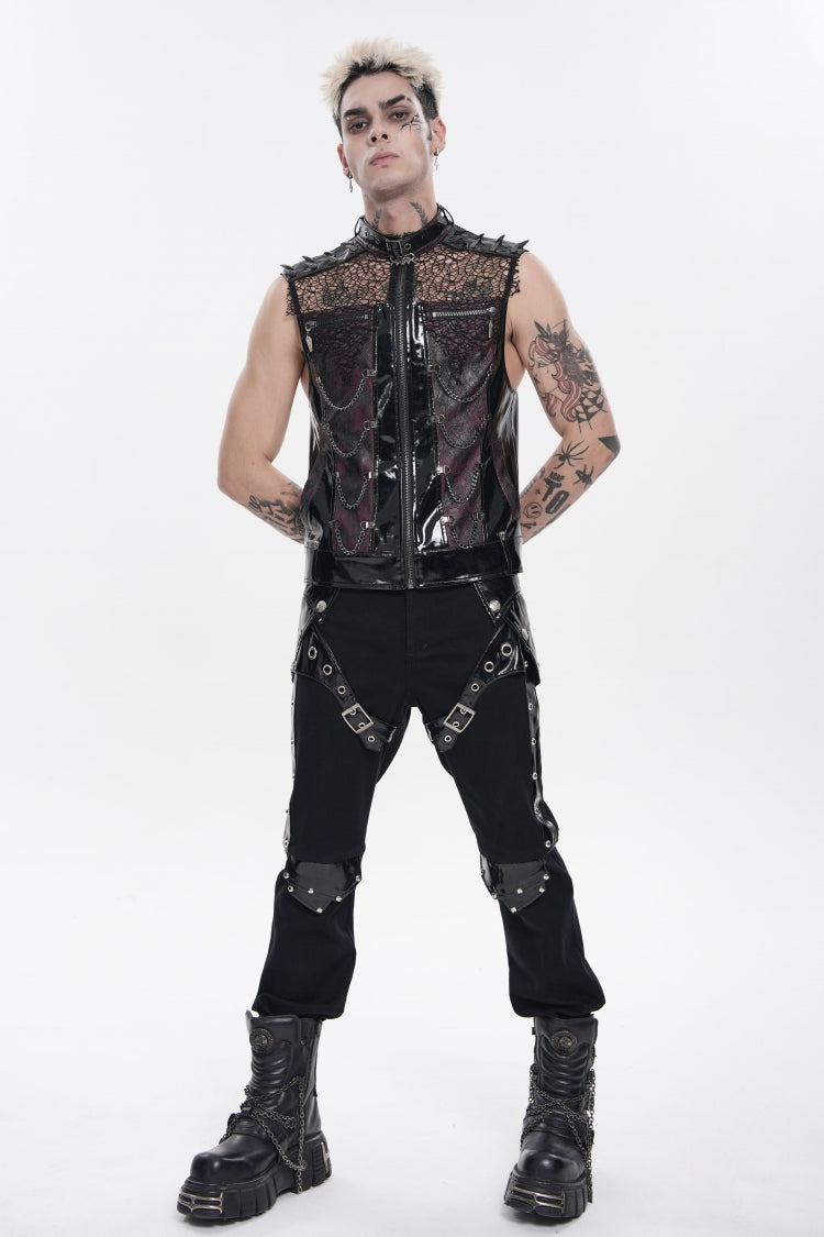 Black Stand Collar Sleeveless Spliced Mesh Studded Zippered Chain-Decorated Eyelet Men's Punk Vest - Product - 9