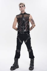 Black Stand Collar Sleeveless Spliced Mesh Studded Zippered Chain-Decorated Eyelet Men's Punk Vest - Product - 9
