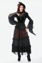 Black Multi-Layered Long Flare Sleeves Embroidered Sheer Mesh Splice Velvet Women's Gothic Top - Product - 10