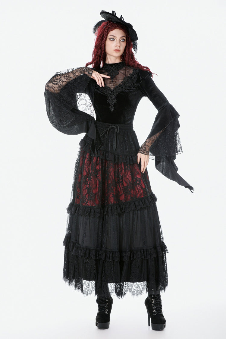 Black Multi-Layered Long Flare Sleeves Embroidered Sheer Mesh Splice Velvet Women's Gothic Top - Product - 10
