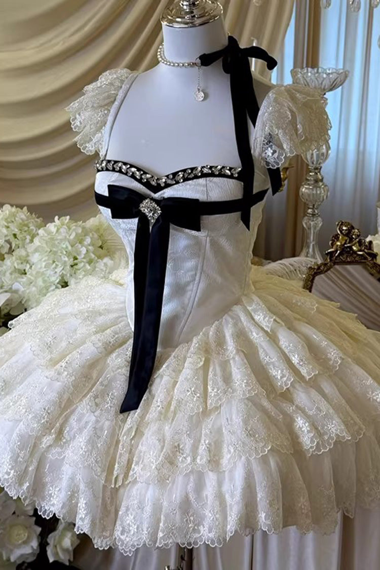 Ivory [Hepburn Heart] Square Collar Sleeveless Multi-Layered Cut-Out Bow Lace Sweet Lolita Jsk Dress - Product - 3